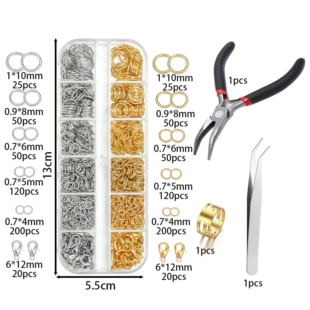 930pcs/Box Jewelry Findings Kits Open Jump Rings Lobster Clasps Hooks Pliers Tweezers for DIY Bracelet Necklace Jewelry Makin