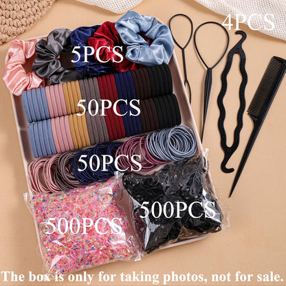 1109pcs Women Dark Hair Accessories Set Elastic Seamless Ponytail Scrunchies Small Rubber Bands Fashion Hair Ties Headbands