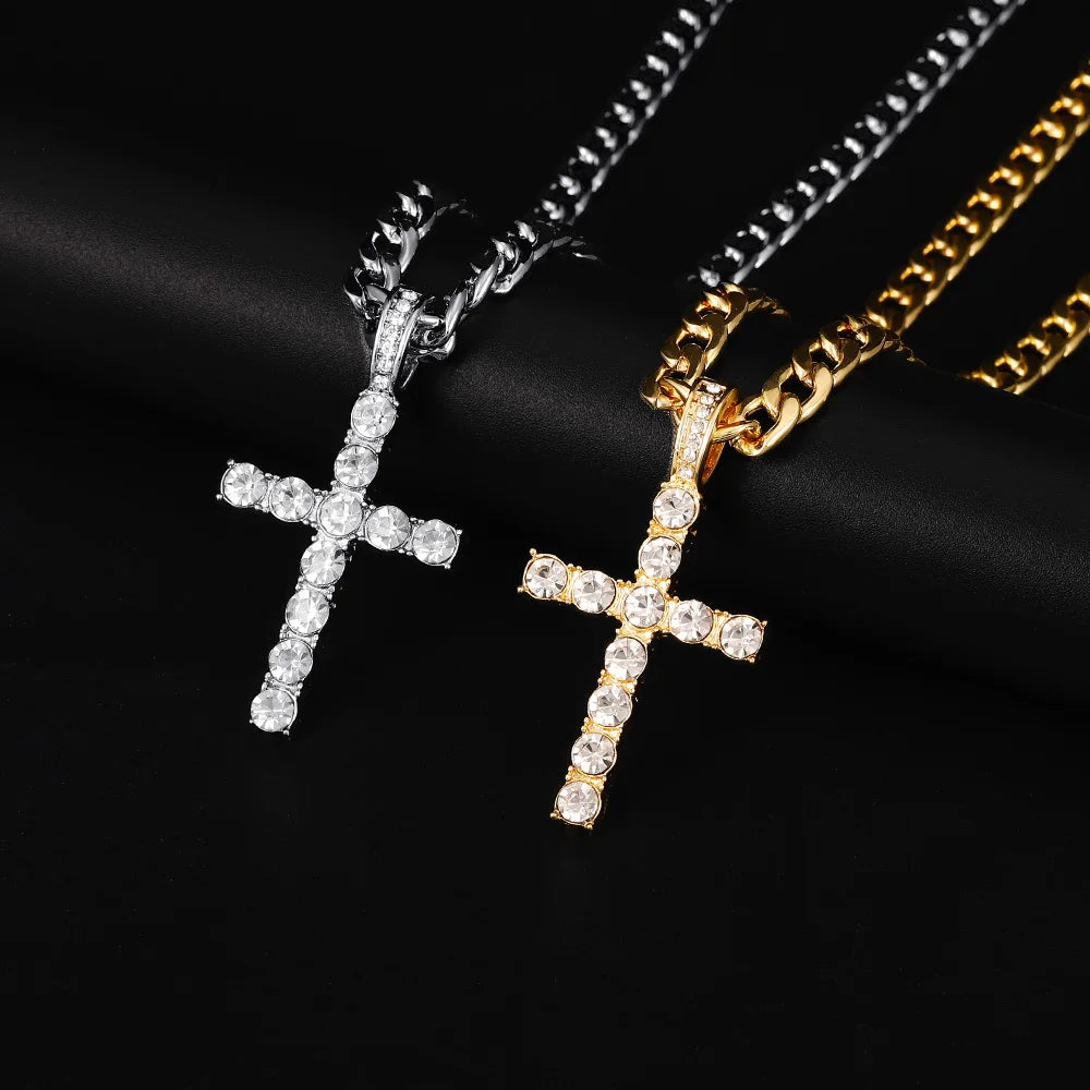 Men Women Hip Hop Cross Pendant Necklace With 4mm Zircon Tennis Chain Iced Out Exquisite Bling Jewelry Fashion Trendy Creativ