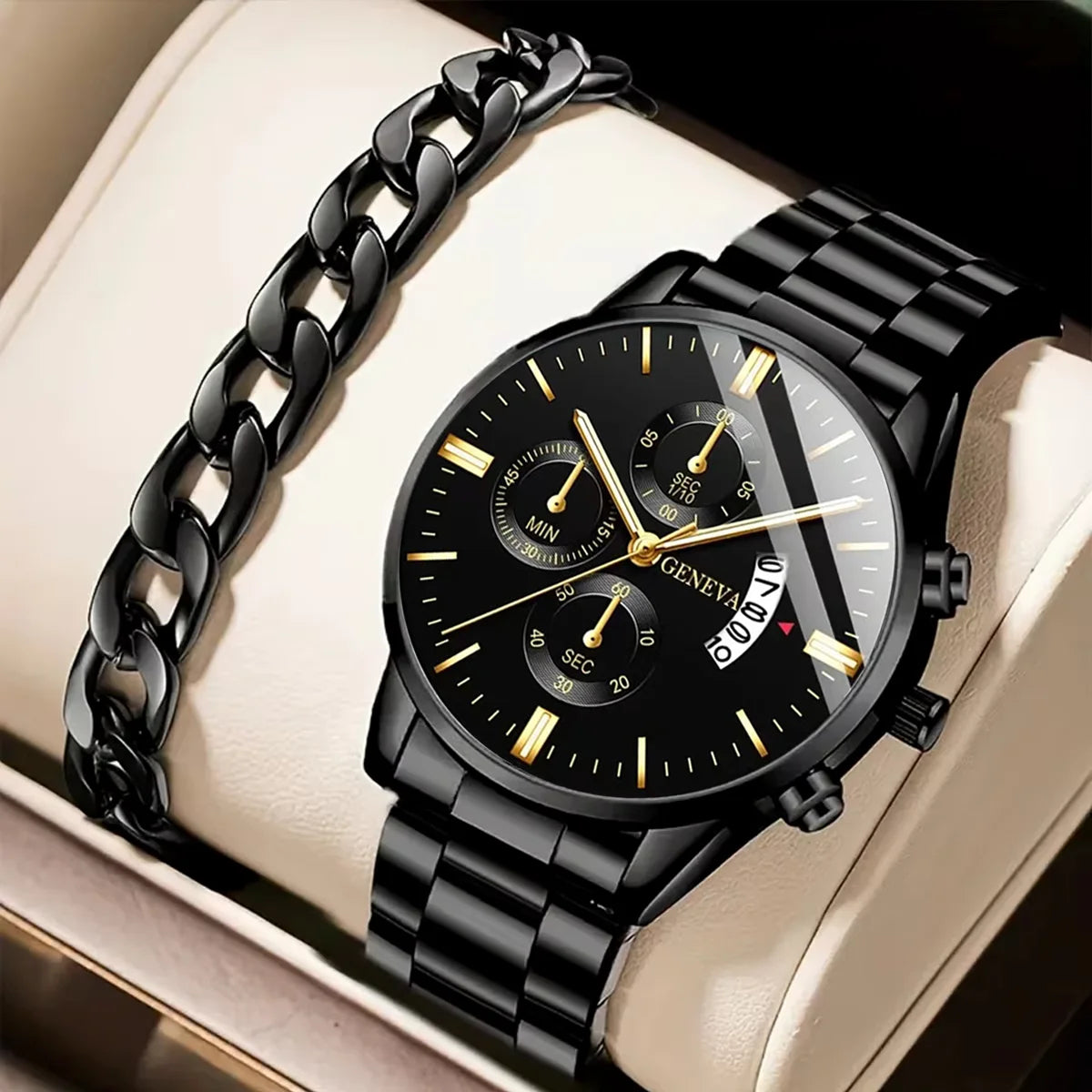 Fashion Men Stainless Steel Watch Luxury Calendar Quartz Wrist Watch Mens Business Watches for Man Clock Montre Homme - Black