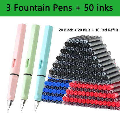 53Pcs Fountain Pen Replaceable Ink Set Black/Blue/Red ink EF School Pens Office Supplies Stationery for Writing Calligraphy P
