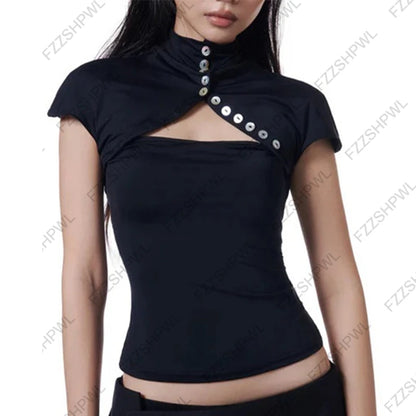 Gothic Women's Shirt Chic Aesthetic Grunge High Street American Style Striped Lace-up Slim Fit Fashion Hip Hop Short Sleeve T