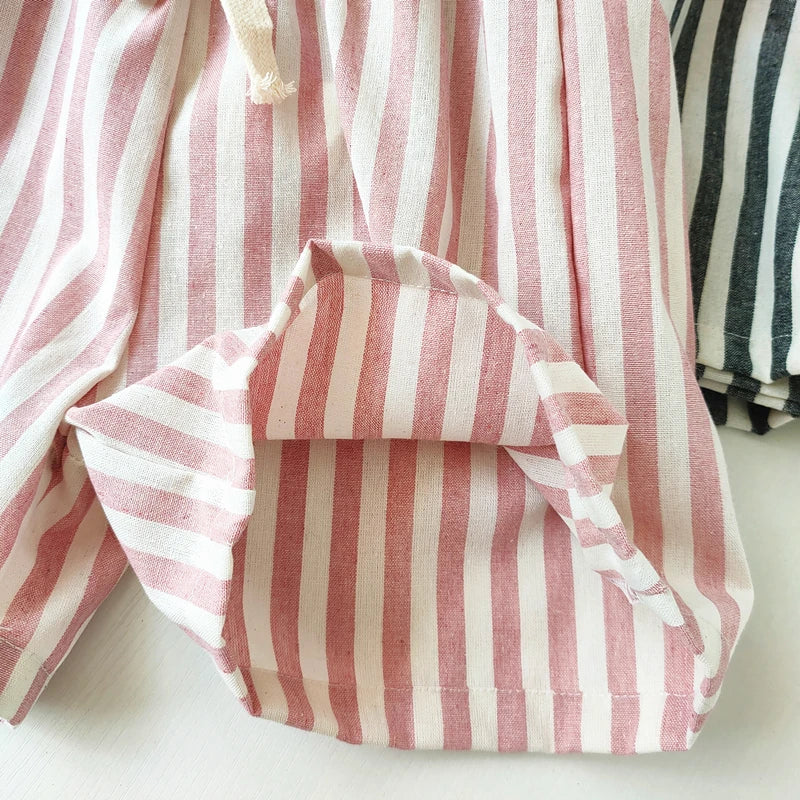 Children's Clothing Vintage Linen Cotton Stripe Pants Baby Boy Girl Casual Shorts Spring Summer Girls Loose Trousers and Shor