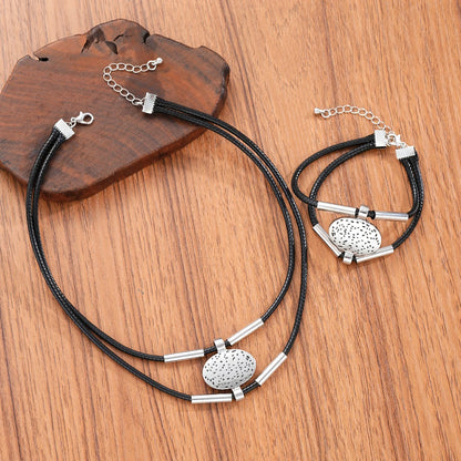 Vintage Oval Metal Faux Leather Necklace Bracelet For Women Fashion Gold Silver Color 2Pcs/Set Double Layered Chain Jewelry S