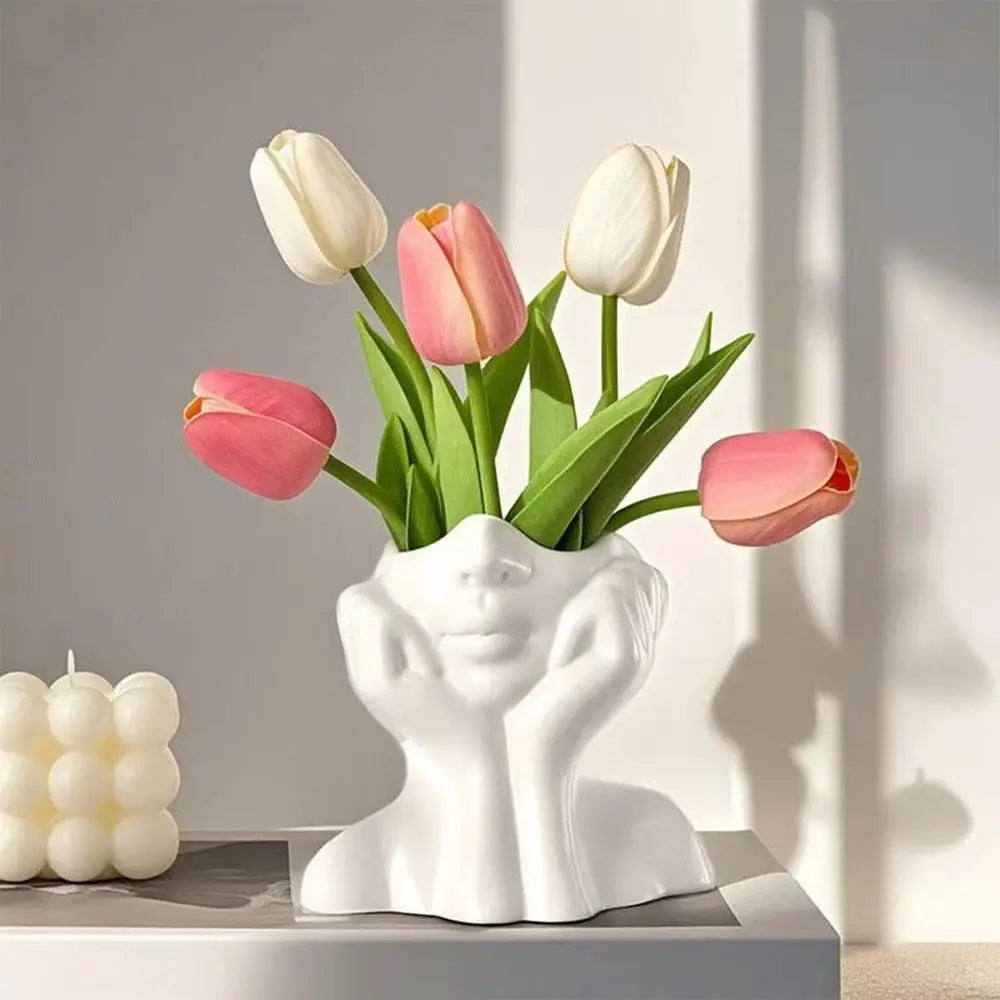 Face Shape Makeup Brush Holder Modern Nordic Flower Vases Makeup Storage Box Half Face Portrait Decor For Home Office Book Sh