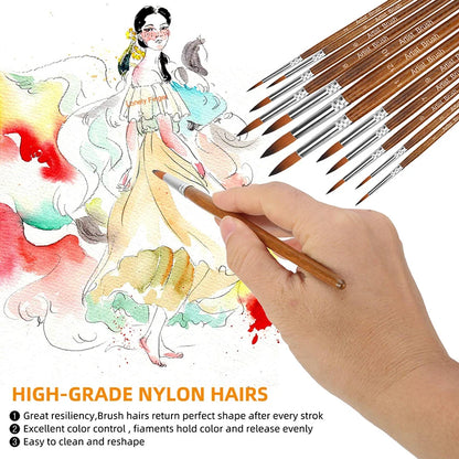 Premium 12-Piece Artist Paint Brush Set - Ultra-Durable Nylon Bristles for Acrylic, Watercolor, Oil & Body Painting