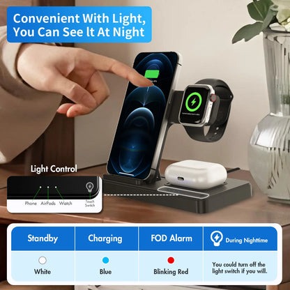 3 In 1 Wireless Charging Station Magnetic Fast Charging 18W Foldable For IPhone 16 15 14 13 12 Pro/Pro Max/Plus/Watch & Airpo