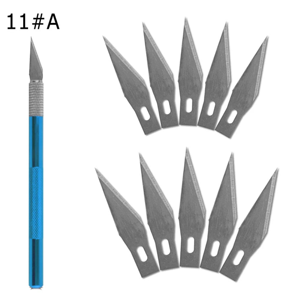 Engraving Non-Slip Metal Knife Kit + 40/10pcs #11 Blades Cutter Craft Knives for Mobile Phone PCB Repair Hand Tools - 1set-Bl