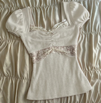 Summer Lace Patchwork Coquette T-shirt Ribbed Knit Slim Fit Milkmaid Tees Women Short Sleeve Y2k Grunge Crop Tops Aesthetic -