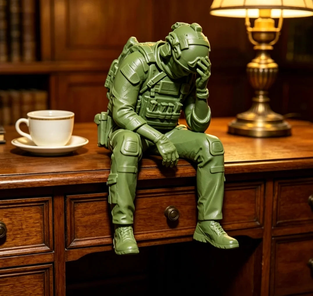Military Style Sitting Soldier Figurine 3D Printed Miniature Tactical Gear Desk Ornaments Home Office Bookshelf Decor Craft G