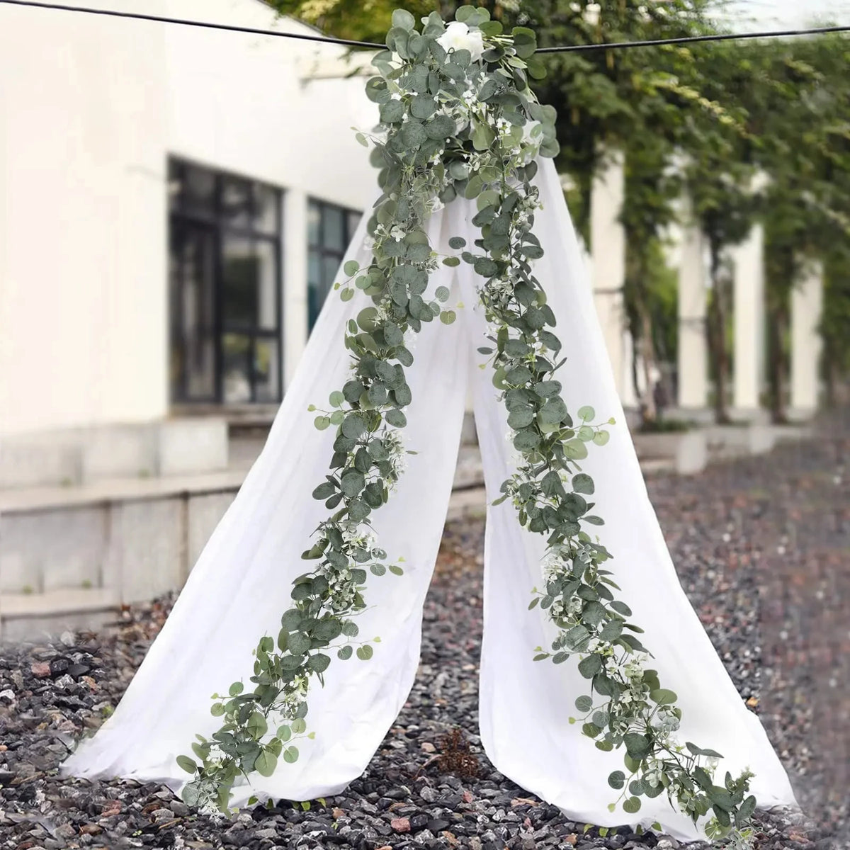 1pc Artificial Eucalyptus Leaves Greenery Garland Faux Plant Spring Vines with White Flowers Berries for Wedding Home Party D