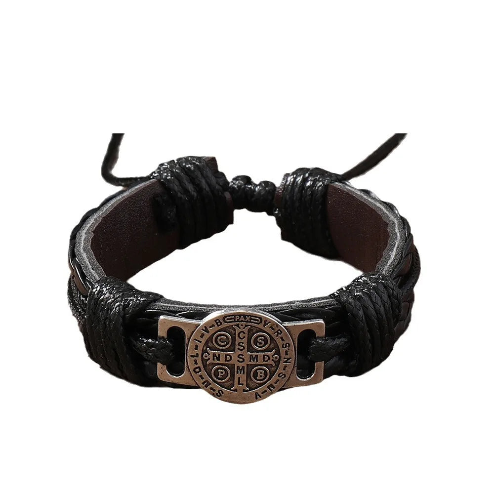 Vintage Handmade Braided Leather Bracelets For Men Myth Cross Scripture Retro Lace-Up Punk Style Leather Bracelet Accessory G