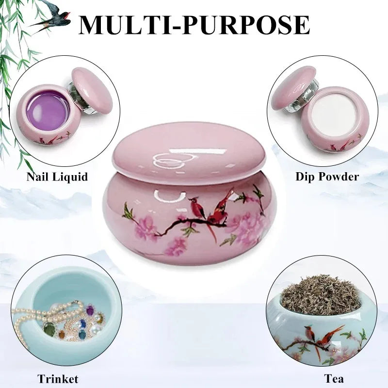 1Pc Ceramics Nail Cup with Lid Acrylic Liquid Powder Ceramic Cup Nail Art Acrylic Liquid Powder Porcelain Dappen Dish Contain