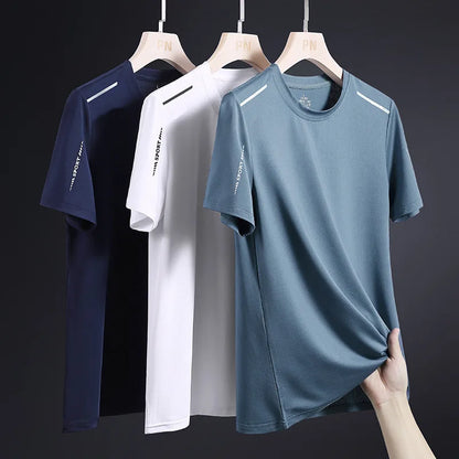 Summer Men's Running Quick Drying T-shirts Breathable Hiking Fishing Tees Soft Elasticity Outdoor Sports Short Shirt