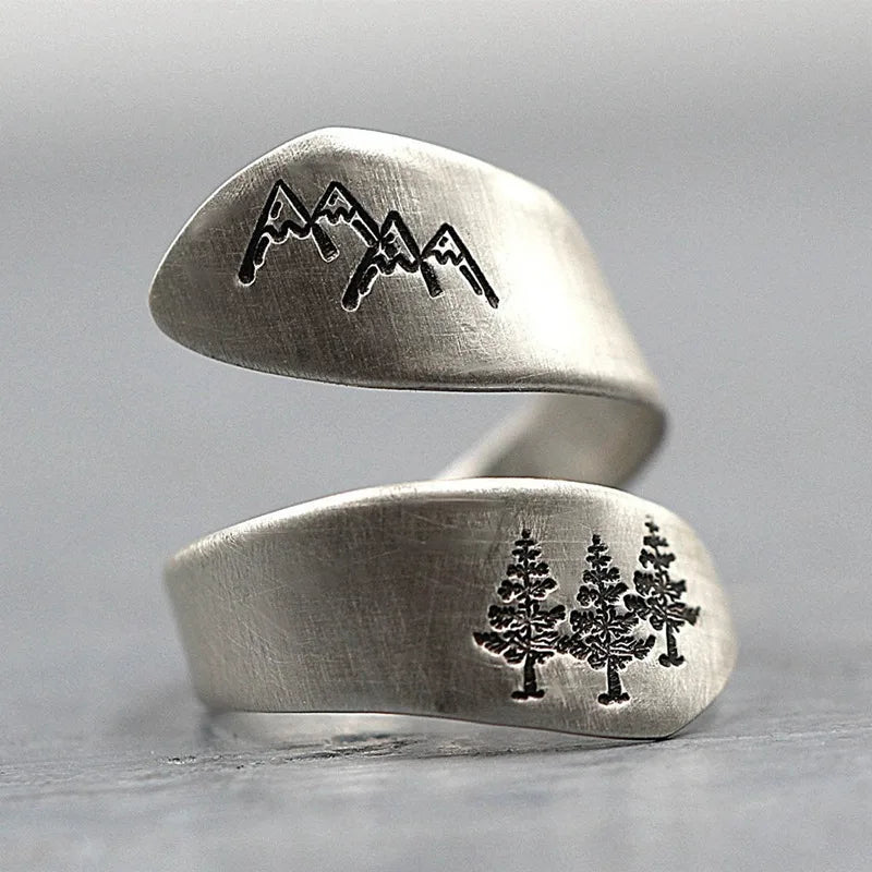 New Simple Trendy Women's Ring Green Tree Forest Mountain Brushed Wedding Ring Women's Party Jewelry Creative Open RingWholes