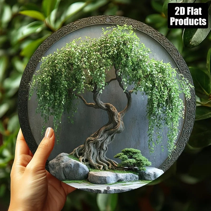 Vintage-Inspired Aluminum Wall Art - Round Bonsai Tree with Rocks & Moss, Ideal for Home, Bar, Kitchen, Perfect Holiday Gift