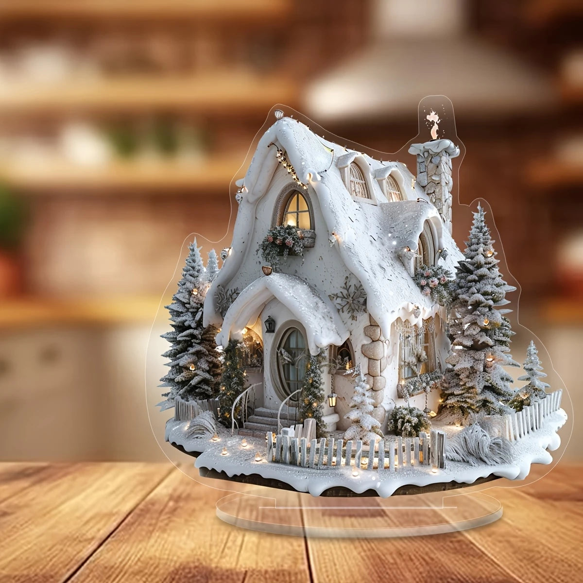 2D White Snow Scenery Christmas House Tree Acrylic Ornaments Base-Mounted Tabletop Home Office Attractive Festival Decor Gift