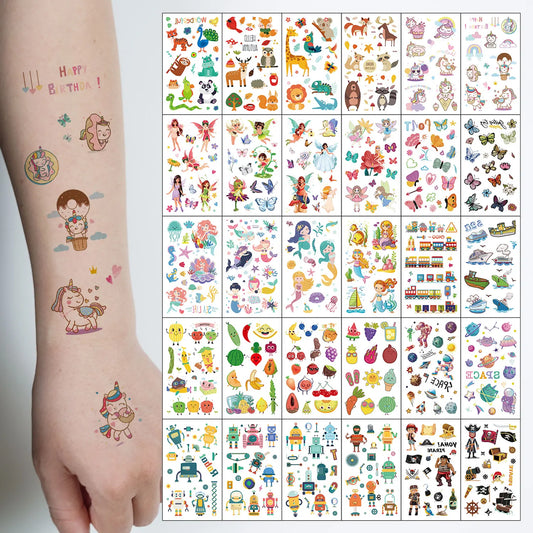 30pcs Cute Cartoon Tattoo Stickers, Unicorn, Animal, Mermaid, Car Wheel Boat, Space Robot, Fruit, Pirate, Butterfly Elf Tatto
