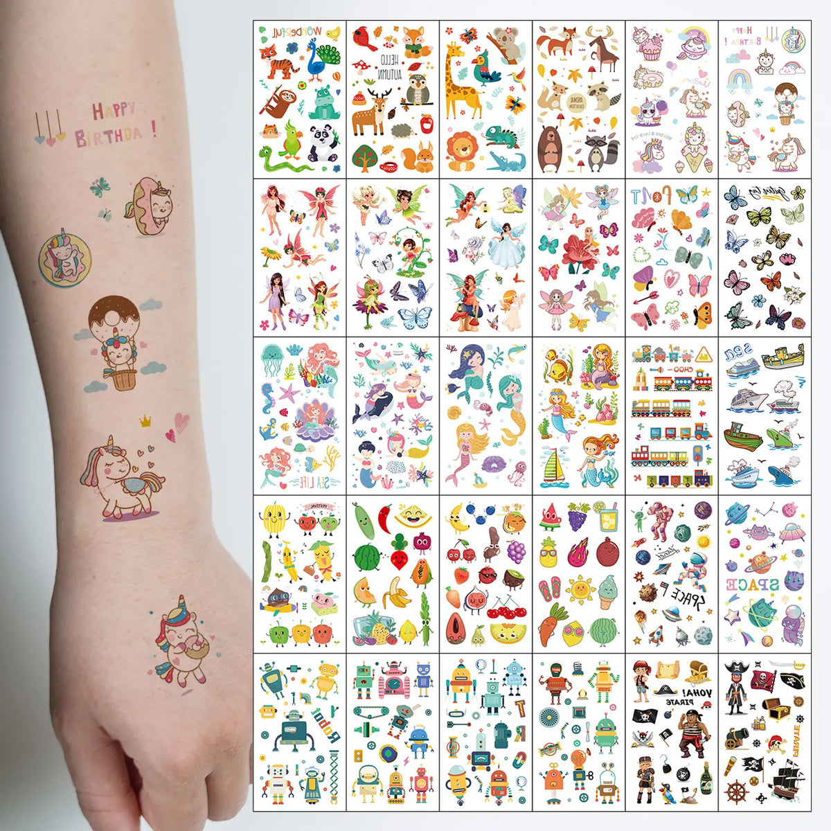 30pcs Cute Cartoon Tattoo Stickers, Unicorn, Animal, Mermaid, Car Wheel Boat, Space Robot, Fruit, Pirate, Butterfly Elf Tatto