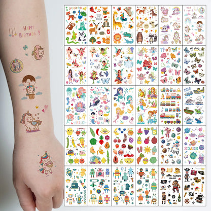 30pcs Cute Cartoon Tattoo Stickers, Unicorn, Animal, Mermaid, Car Wheel Boat, Space Robot, Fruit, Pirate, Butterfly Elf Tatto