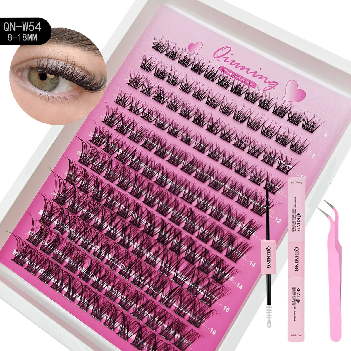 QIUNING Manga Lash Clusters Kit Cat Lashes with Lash Bond & Seal Cluster Eyelash Extensions Mixed Tray Eyelash Clusters Kit -