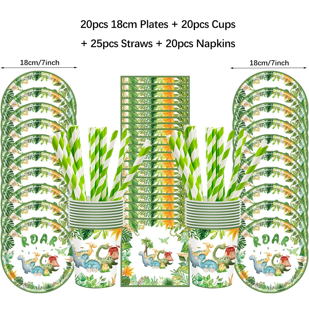 Cartoon Dinosaur Birthday Disposable Tableware Paper Plates Cups Napkin Tablecloth Dinosaur Roar Theme Birthday Party Decorat