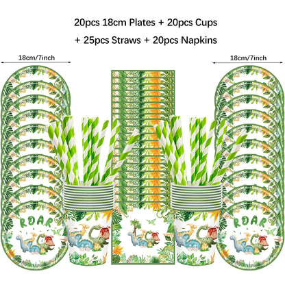 Cartoon Dinosaur Birthday Disposable Tableware Paper Plates Cups Napkin Tablecloth Dinosaur Roar Theme Birthday Party Decorat