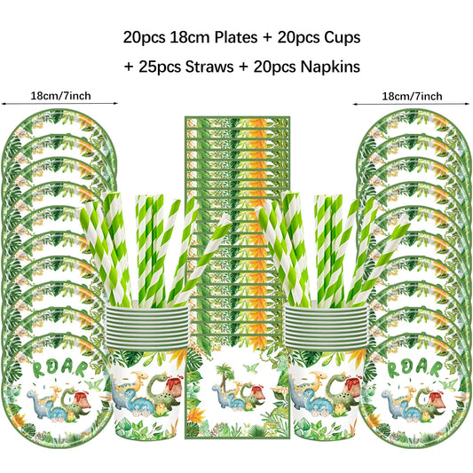 Cartoon Dinosaur Birthday Disposable Tableware Paper Plates Cups Napkin Tablecloth Dinosaur Roar Theme Birthday Party Decorat