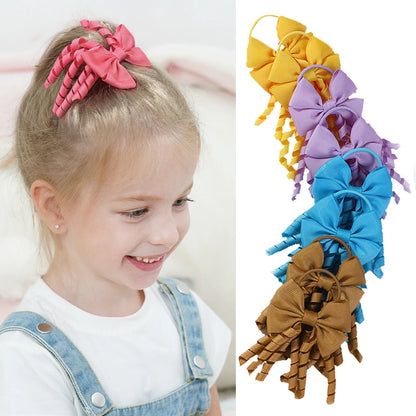 Baby Girls Back To School Ribbon Curly Hair Bow with Ties Rope Elastic Hairbands Kids Ponytail Holder Bowknot Hair Accessorie
