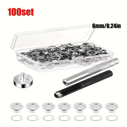 Grommet Tool Kit 100 Sets Grommets Eyelets 6mm 10mm 12mm 14mm Inside Diameter Silver for Clothes Shoes Bag Leather Crafts DIY