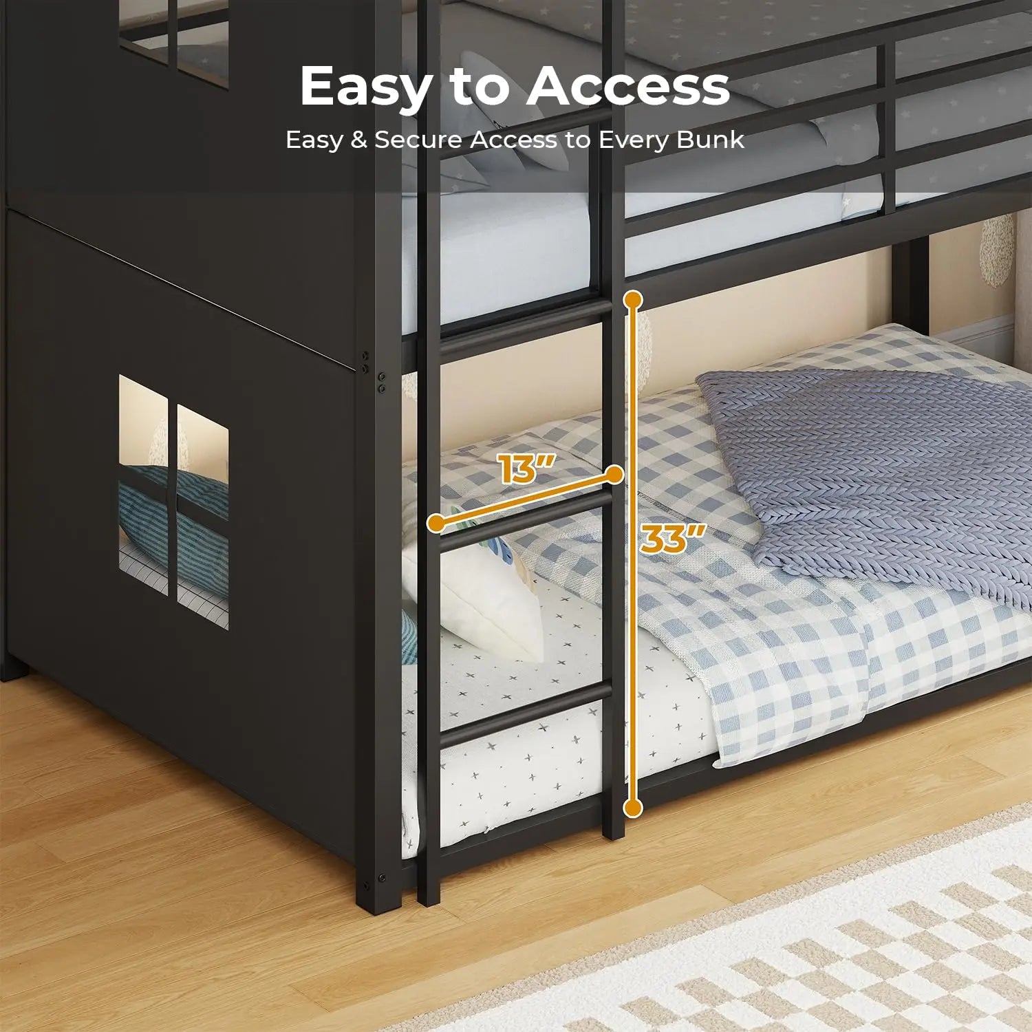 Triple Bunk Bed Twin Over Twin with Safety Guardrail | Heavy Duty Metal 3 Bunk Beds with Play, Customized