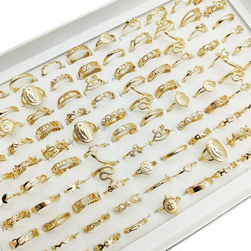 30pc/Lot Gold Color Finger Rings For Girls New Love Snake Animal Butterfly Cutout Star Pearl Thin Joint Ring Party Jewelry Wo