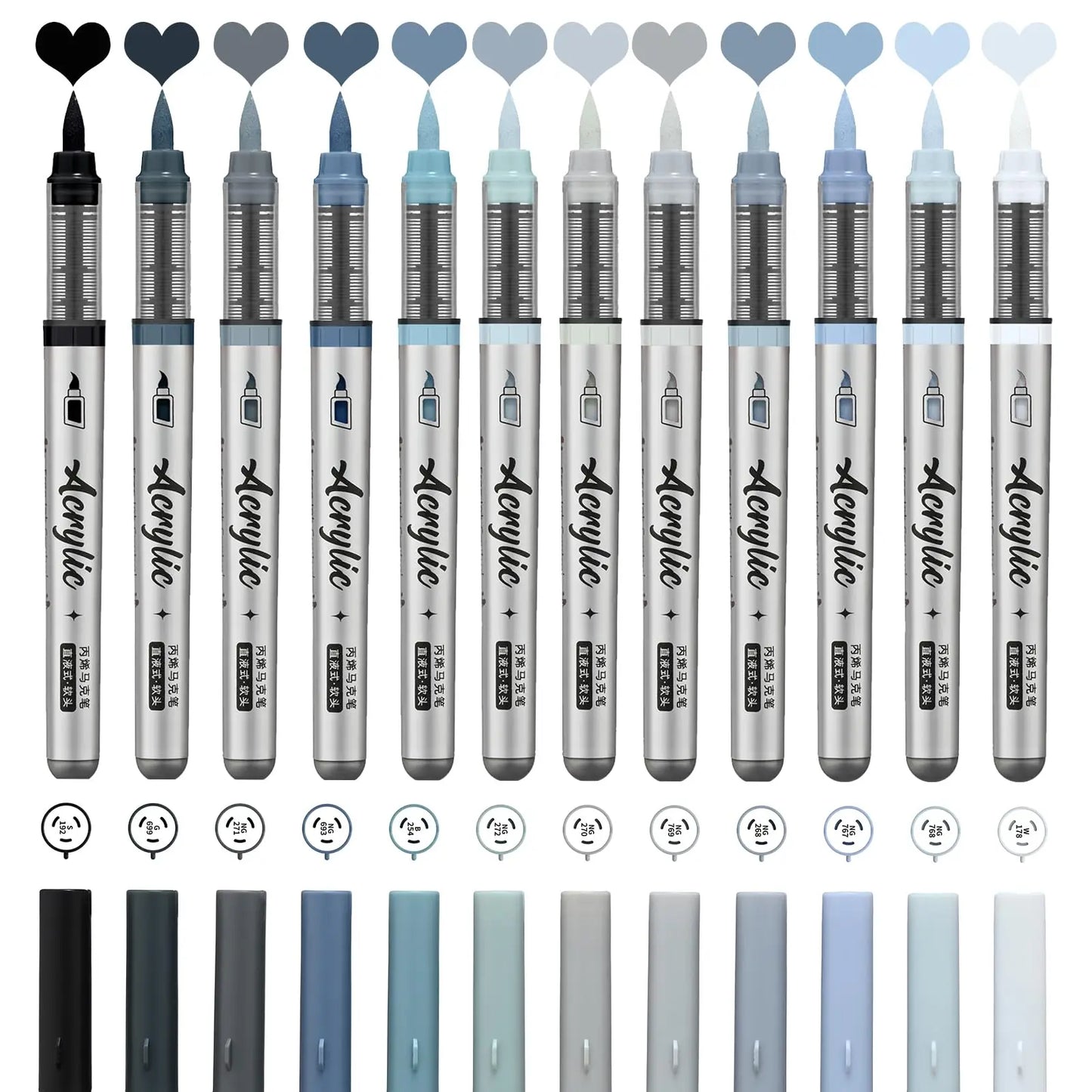 Acrylic Paint Markers ,12 pcs Brush Tip Acrylic Paint Pens Set with 9 Professional Color Series for DIY & Art Supplies - Grey
