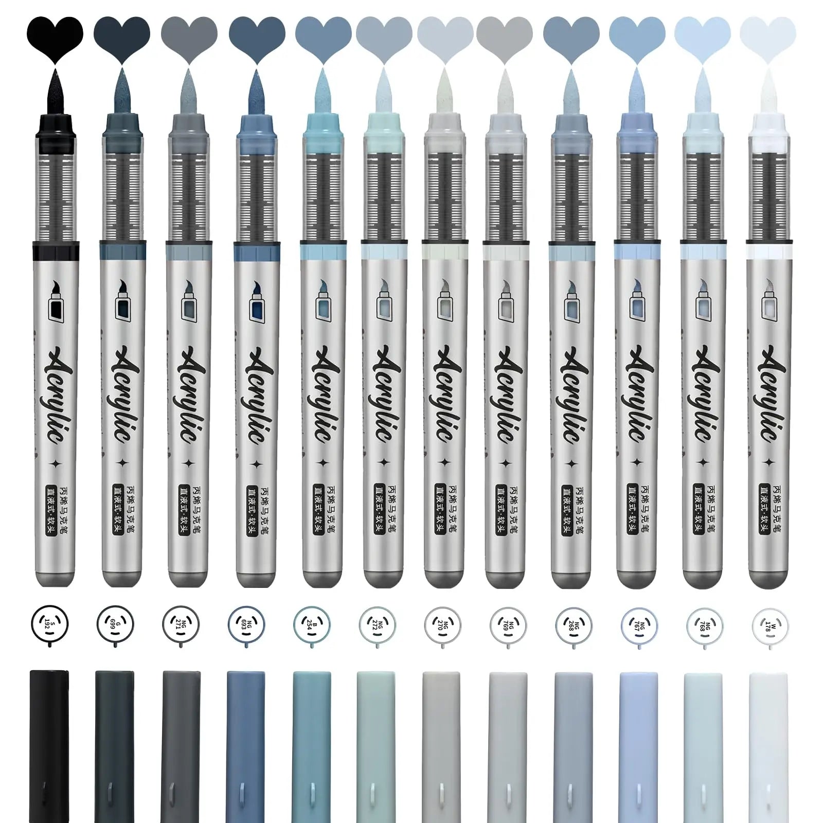 Acrylic Paint Markers ,12 pcs Brush Tip Acrylic Paint Pens Set with 9 Professional Color Series for DIY & Art Supplies - Grey