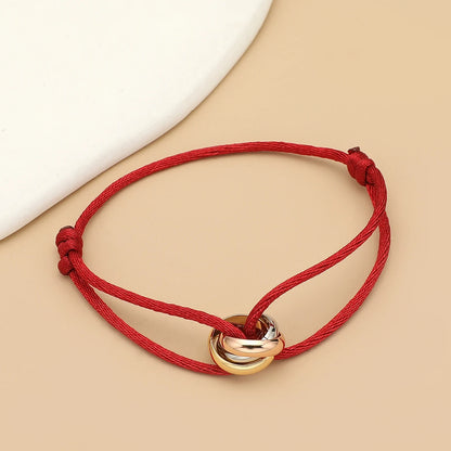 Simple Fashion Unisex Bracelet 3 Metal Round Circle Accessory Adjustable Men's Rope Bracelet for Women Jewelry Gifts - wine r