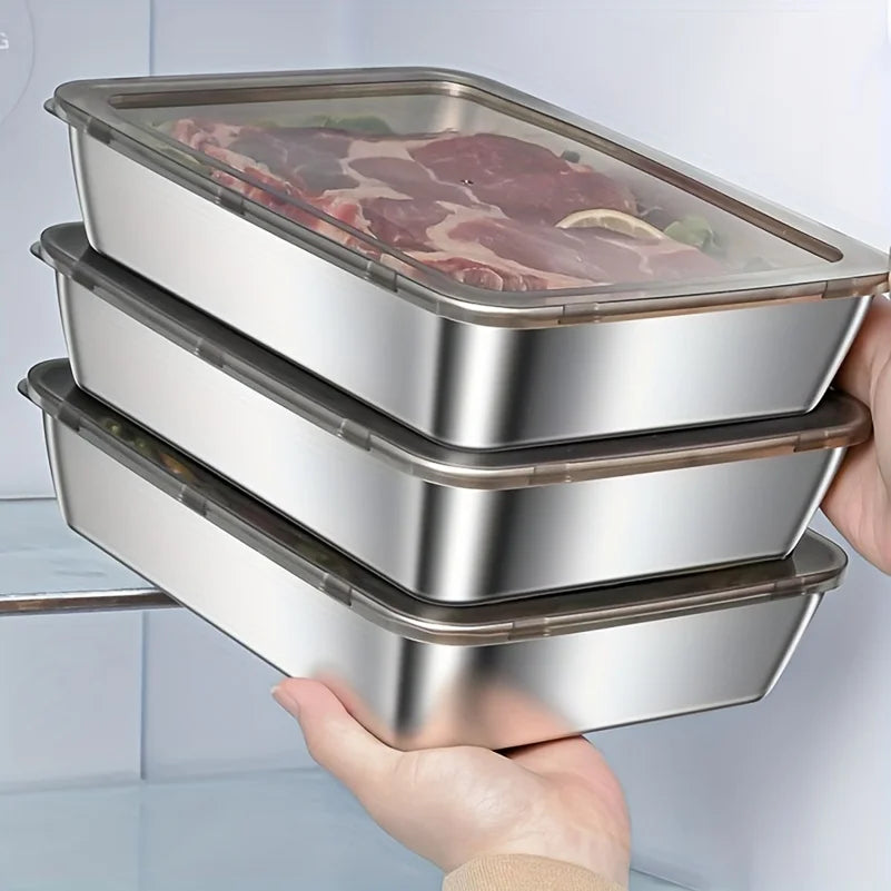 Stainless Steel Food Storage Container Rectangle Dish with Cover Noodles Fruit Tray Lunch Box Thick Refrigerator Organizer Pl