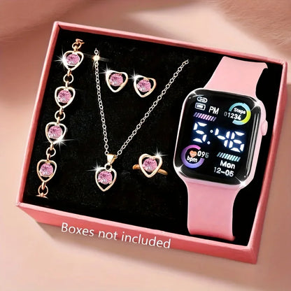 6-Piece Set of Fashion Electronic Watch Necklace Earrings Ring Set for Teenagers Boys and Girls, the Best Choice for Friend -