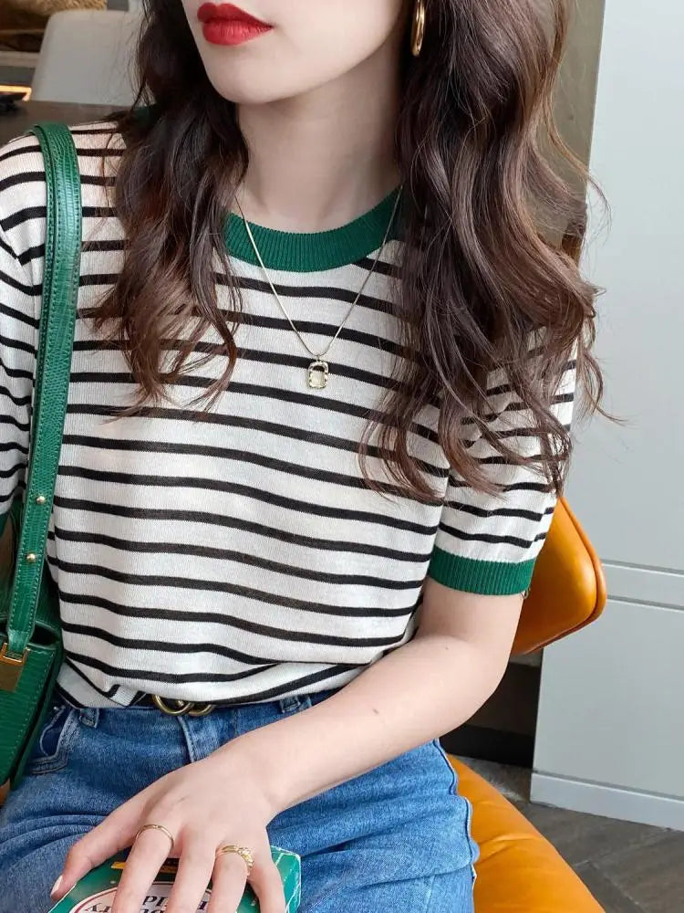 2026 Stripe Tops Women Knitted Round Collar Summer Print Short Sleeve Casual Simple Wild T-Shirt - Black green stripes