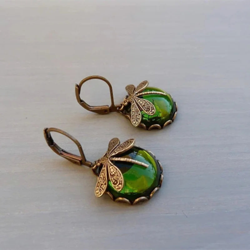 Vintage Bronze Dragonfly Earrings Fashion Gold Color Metal Carving Pattern Inlaid Moonstone Drop Earrings for Women Jewelry -