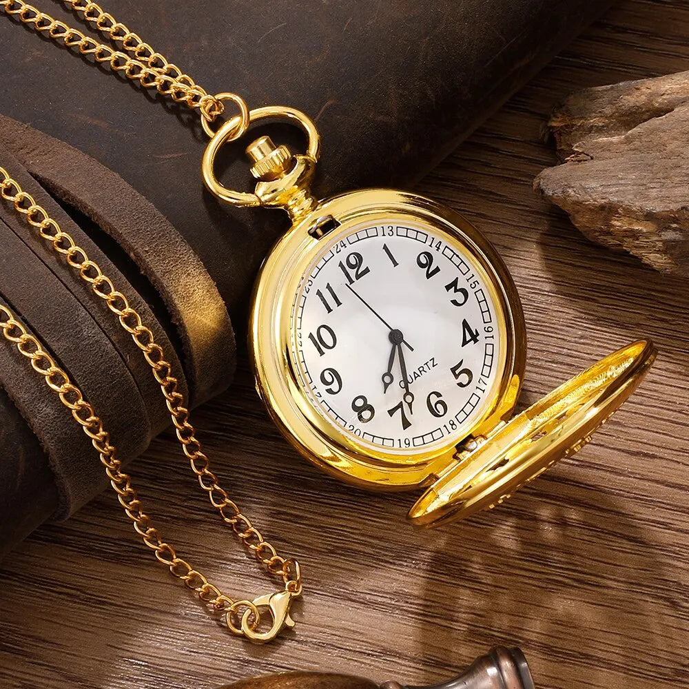 Antique Steampunk Vintage Arabic Numerals Quartz Pocket Watch Gold Case Necklace Pendant Clock Chain Mens Women