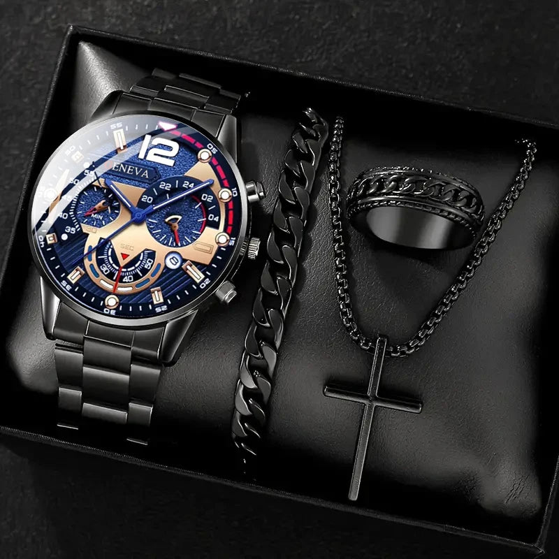 4pcs gold alloy Roman with calendar men's quartz watch and cross necklace bracelet ring set selected gift，Boxes not included
