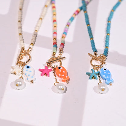 Bohemian Sea-Inspired Ceramic Fish & Starfish Pendant Necklace with 4mm Synthetic Turquoise Beads, Lightweight Beach Jewelry