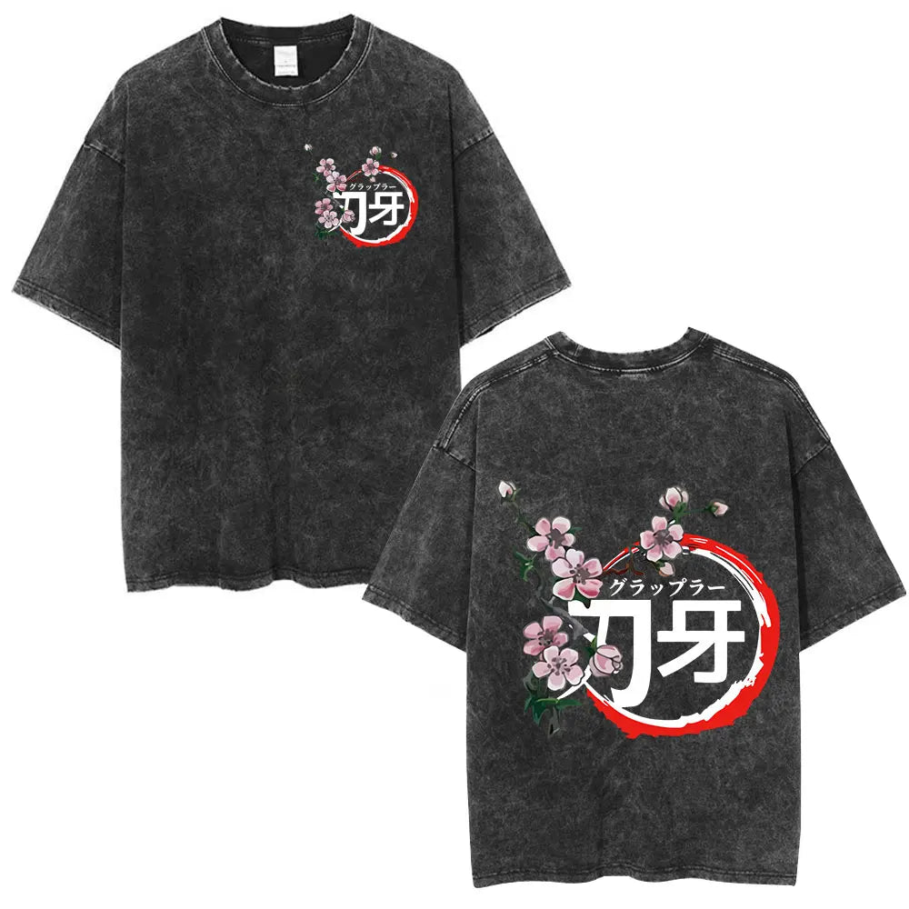 Vintage Washed T Shirt Anime Baki The Grappler T-shirt Hanma Yujiro Gym Short Sleeve T-shirts Oversized Cotton Casual Tee Shi