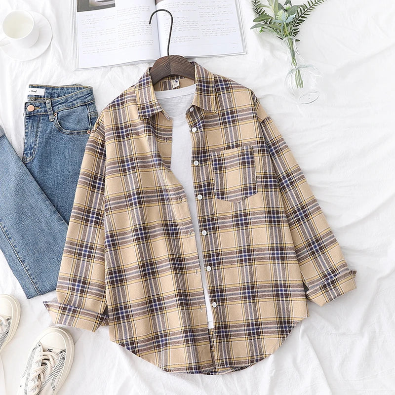 Fresh Flannel Plaid Shirt Women 2026 New Female Blouses and Tops Cotton Loose Long Sleeve Casual Shirts Fine Women's Clothes 