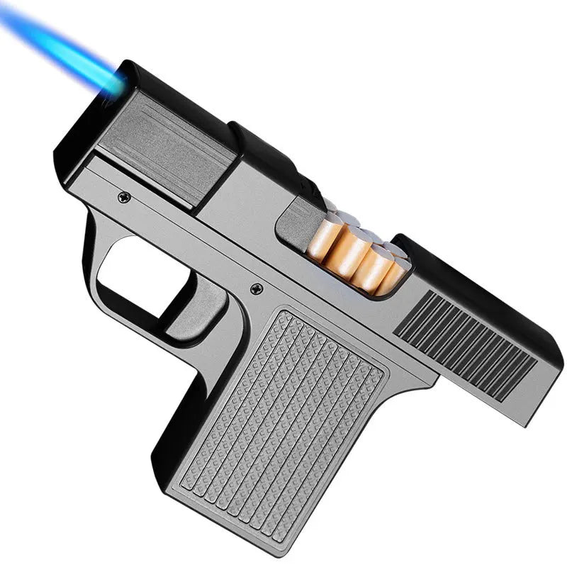 Gun-shaped lighter with 3 cigarette cases, dark blue flame gas lighter, windproof cigar lighter,suitable for Christmas,Hallow
