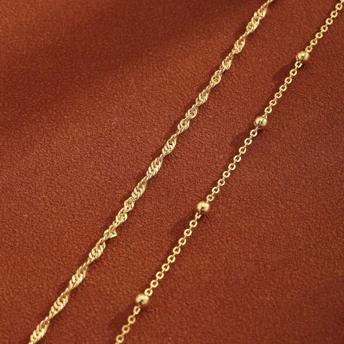 2 PCS 4K Gold Plated Anklets for Women Waterproof Twists Link Anklet Beaded Bracelets Stackable Bracelets Summer Jewelry Gift