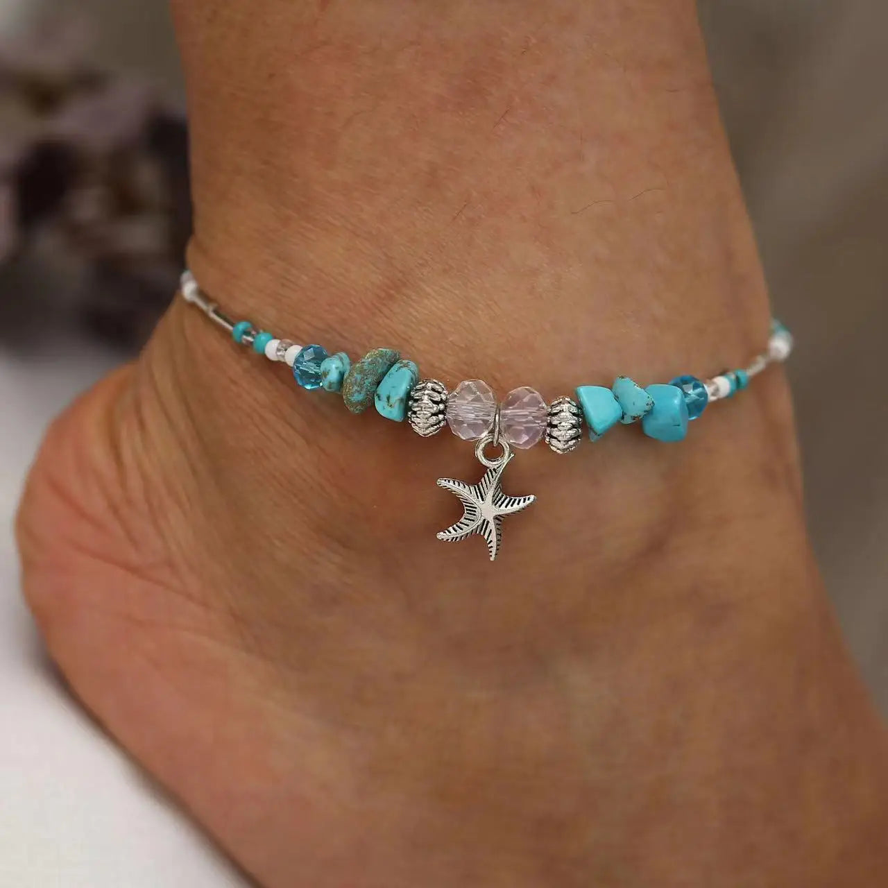 Beach Bead Anklet for Women Jewelry Retro Fashion Beads Stone Pendant Ankle Chain - 1