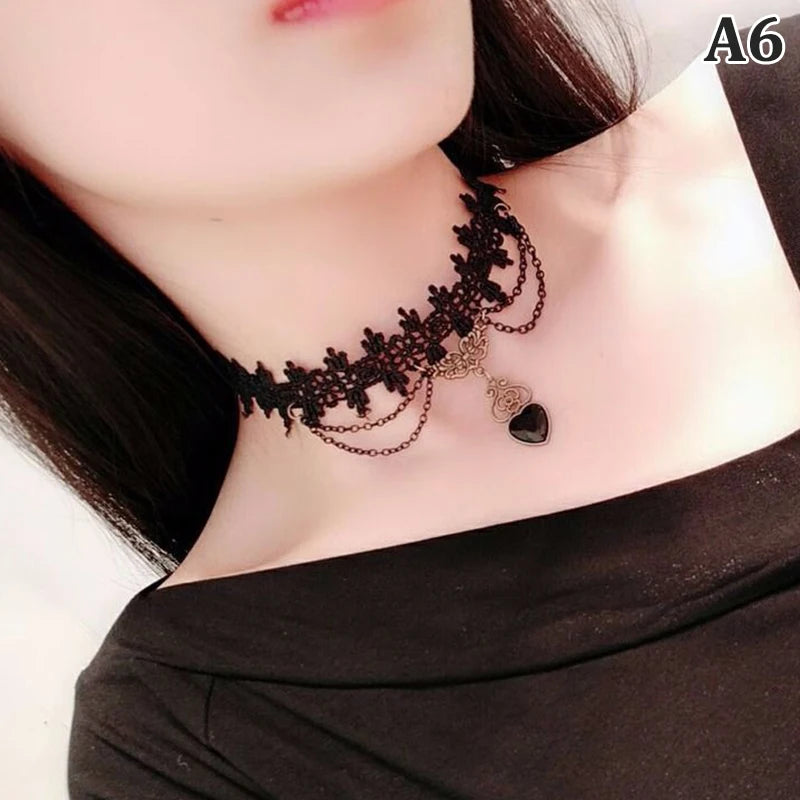 New Sexy Gothic Chokers Crystal Black Lace Neck Choker Necklace Vintage Victorian Women Chocker Steampunk Jewelry - A6