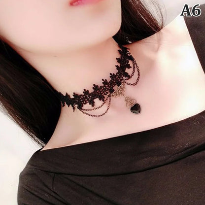 New Sexy Gothic Chokers Crystal Black Lace Neck Choker Necklace Vintage Victorian Women Chocker Steampunk Jewelry - A6