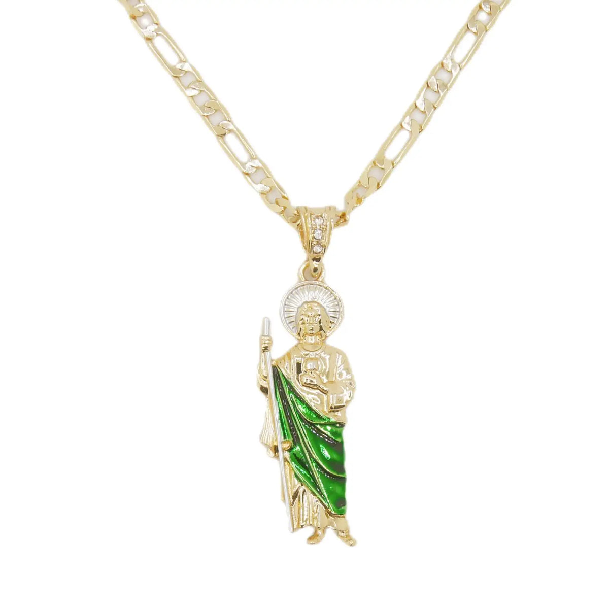Saint Jude Necklace 14K Gold Plated San Judas Pendant Figaro Chain - green